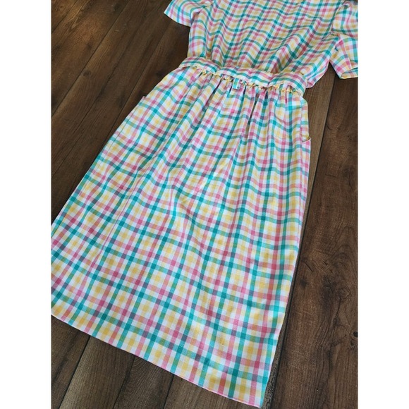 Vintage 80s Periwinkle Plaid Midi Dress Belted Career Cottagecore USA‎ - Picture 7 of 10